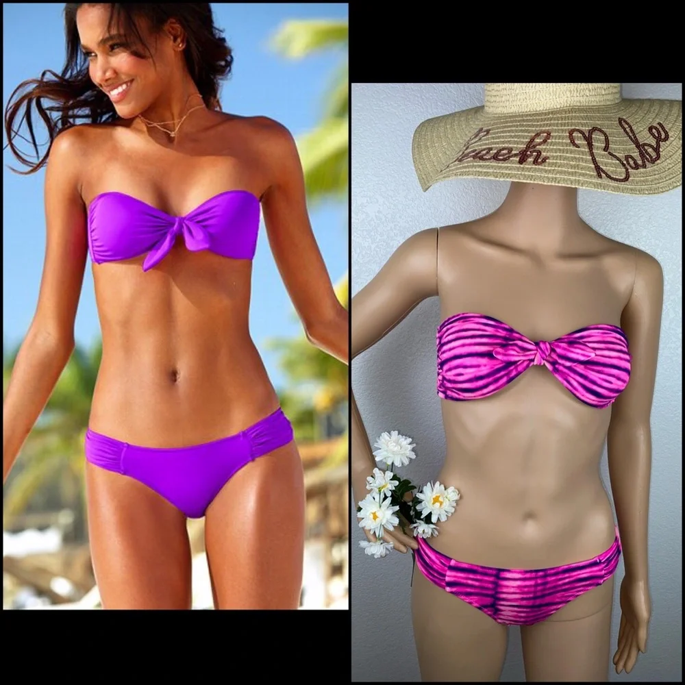 VS Hot Pink Tie Dye Bandeau Top Ruched Side Bikini - Picture 2 of 8